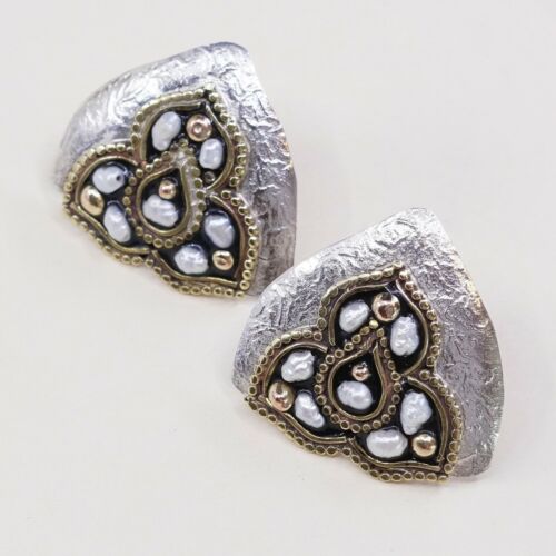 Vtg Two Tone Sterling Silver Handmade Earrings, 925 Studs W/ Pearl N Bali Beads