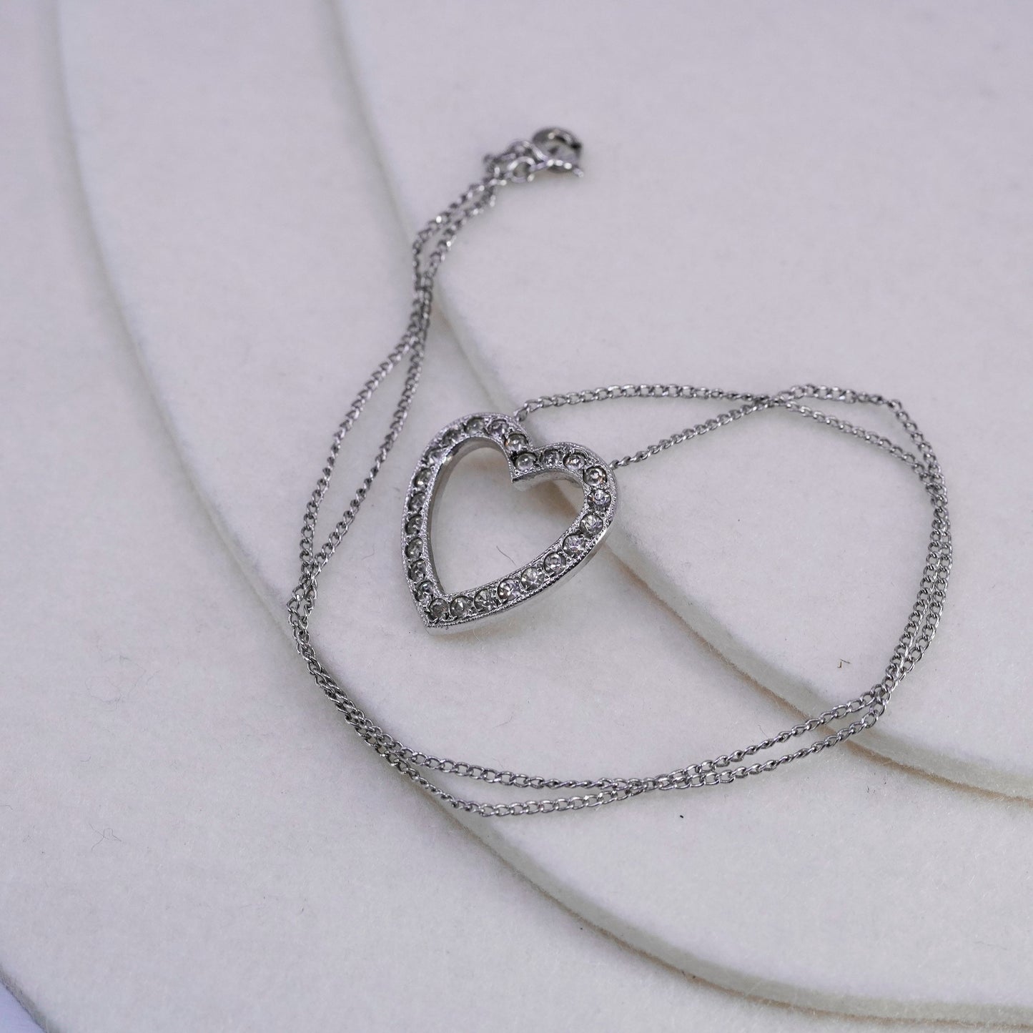 16”, vintage Sterling 925 silver handmade curb necklace with cz heart pendant