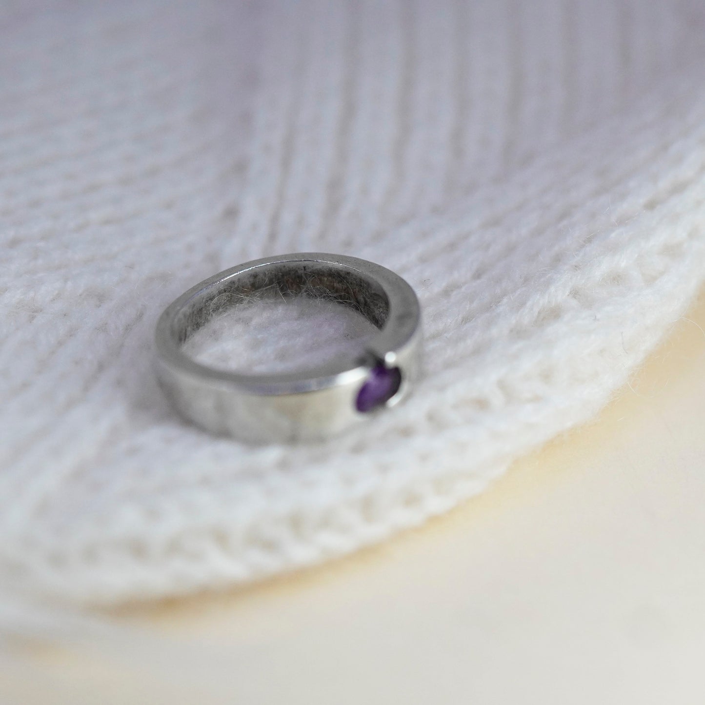 Size 7.25, vintage Sterling 925 silver handmade stackable ring with amethyst