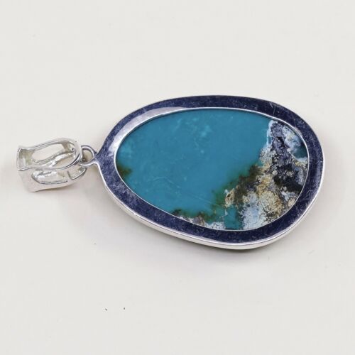 Vtg Sterling Silver Handmade Pendant W/ Huge Oval Shaped Turquoise, Stamped 925