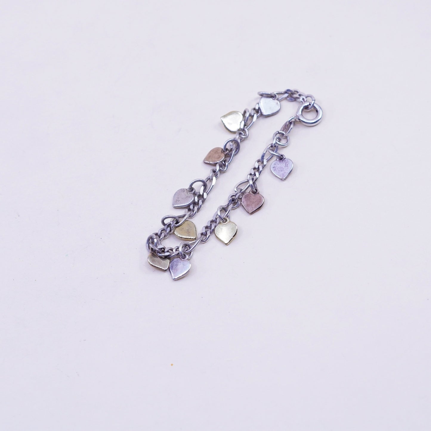 5.25”, Milor sterling silver bracelet 925 figaro chain triple tone heart charms