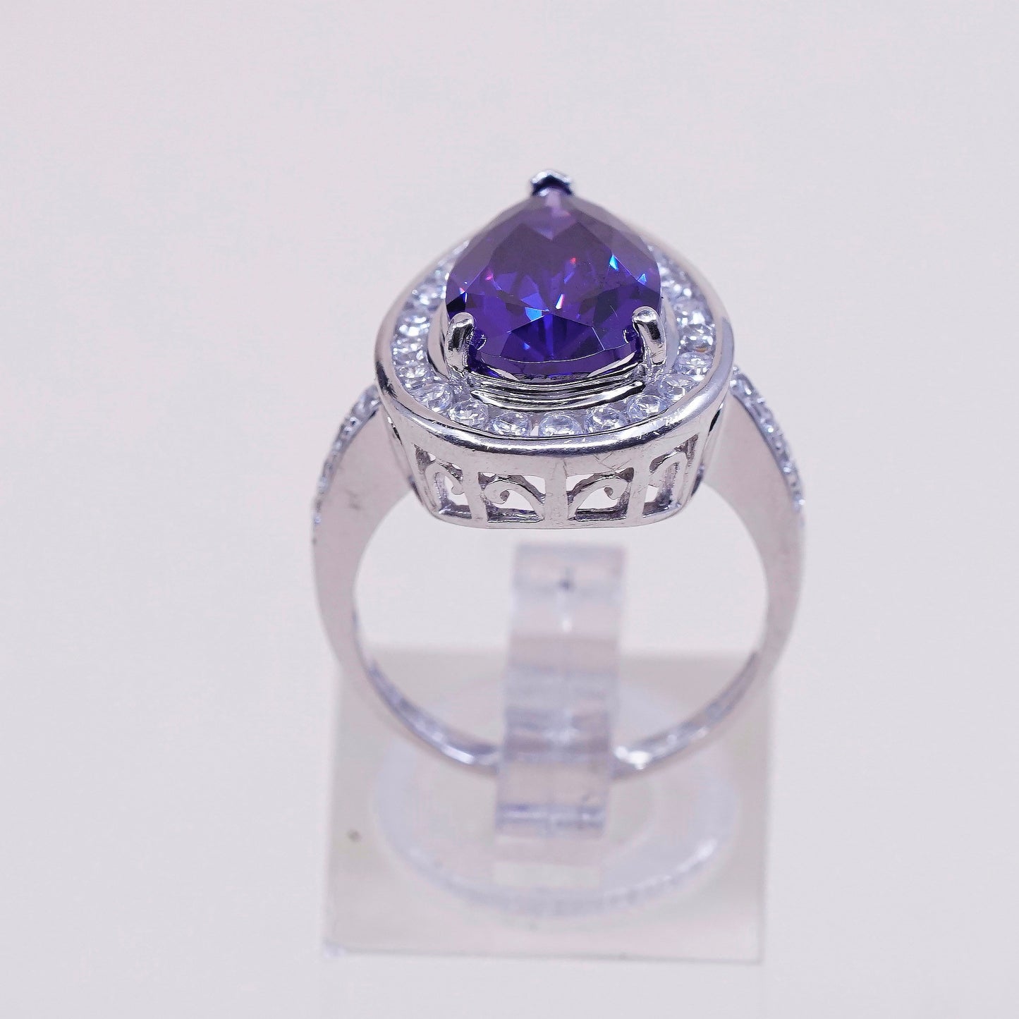 sz 7.25, vtg white gold coated sterling 925 ring w/ teardrop amethyst N Cz