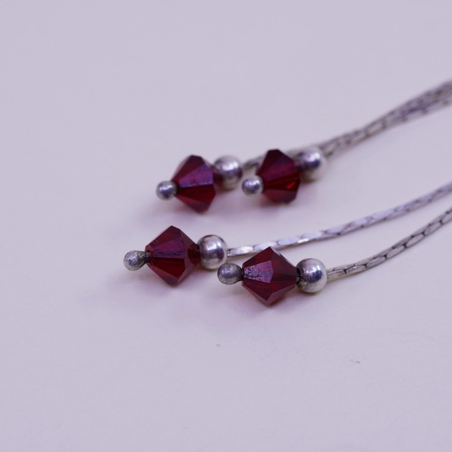 Vintage sterling silver handmade earrings, 925 fringe with ruby crystal beads