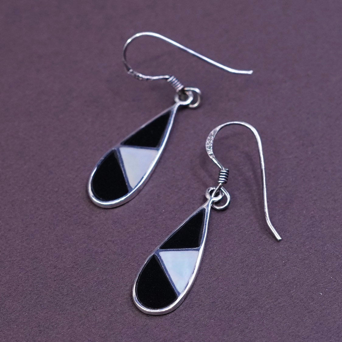 VTG Sterling silver handmade earrings, 925 w/ teardrop obsidian N MOP