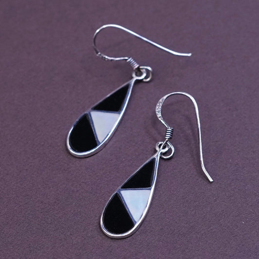 VTG Sterling silver handmade earrings, 925 w/ teardrop obsidian N MOP