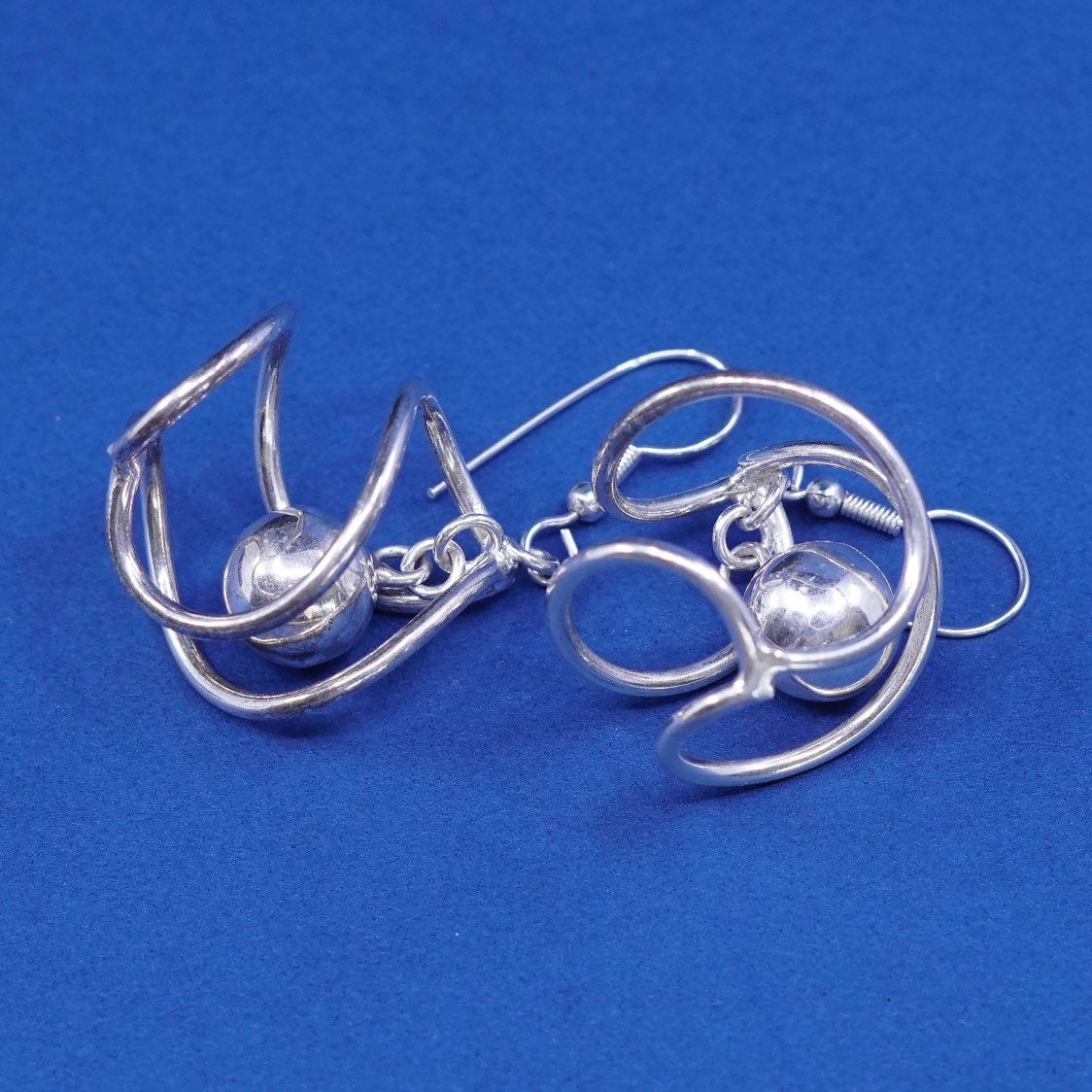 vtg Sterling Silver handmade Earrings. 925 3D swirl w/ beads dangles