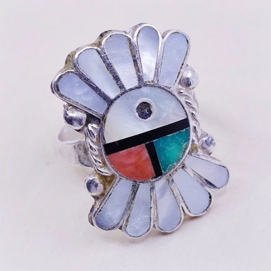 sz 6, sterling silver handmade 925 w/ coral N turquoise, Zuni Tewa sun ring