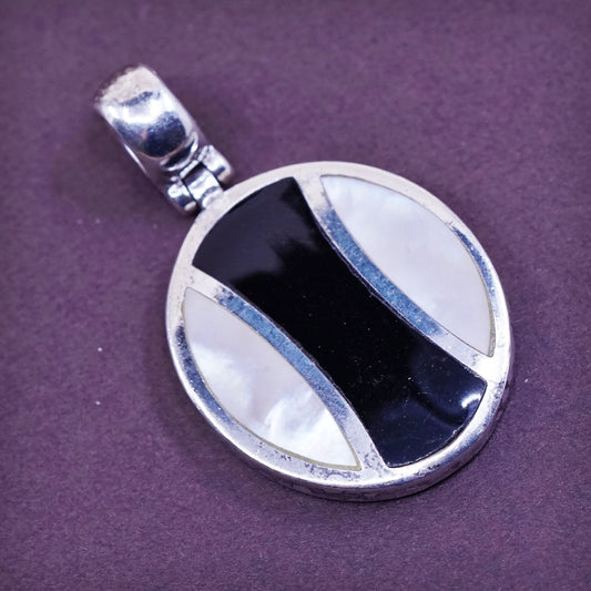 vtg Sterling 925 silver pendant with obsidian and mother of pearl