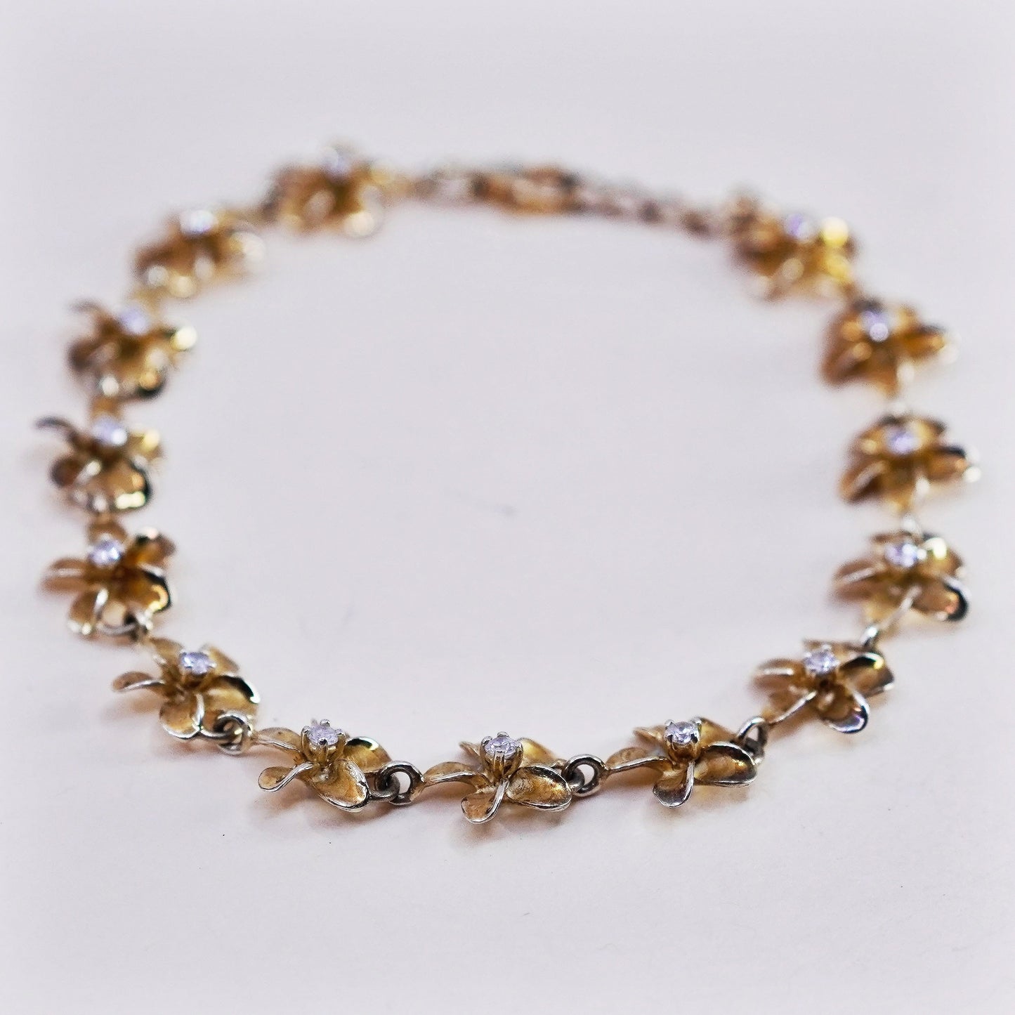 7.25”, vermeil gold sterling silver bracelet, 925 plumeria flowers cz, jewelry