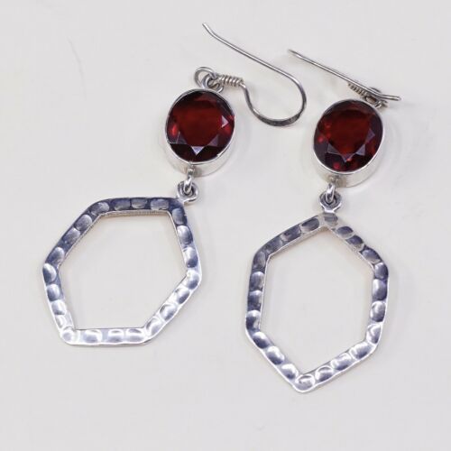 Vtg Sterling Silver Handmade Earrings, 925 Modern Hammered Dangles W/ Ruby