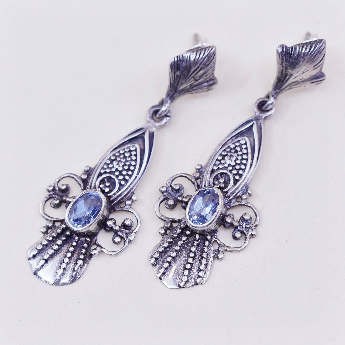 sterling silver handmade earrings, 925 beads dangles with oval blue topaz drops