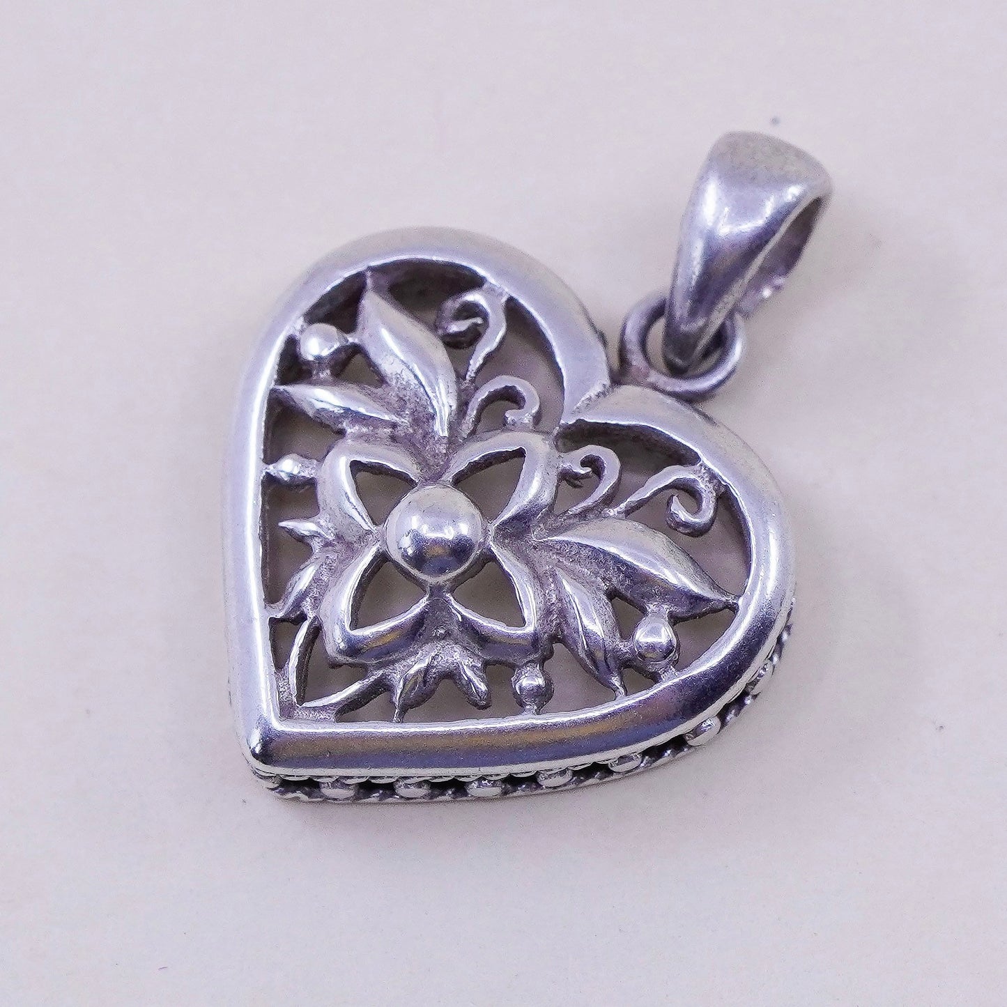 vintage sterling silver handmade pendant, 925 filigree heart charm