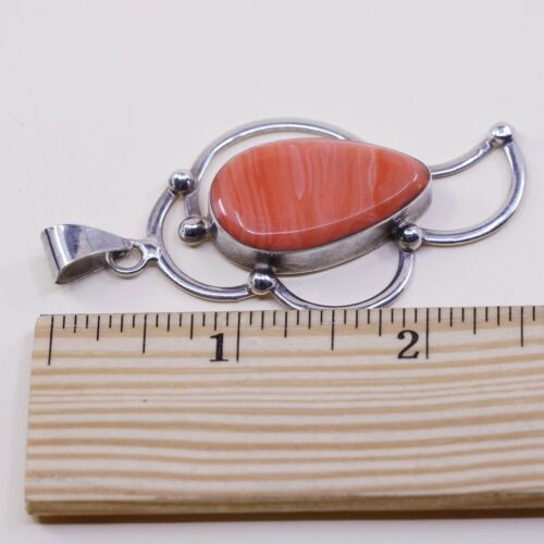 Vtg Huge Mexico 925 Sterling Silver Handmade Pendant W/ Orange agate