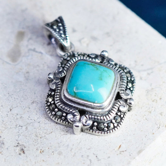 Vintage Sterling 925 silver handmade square pendant with turquoise marcasite