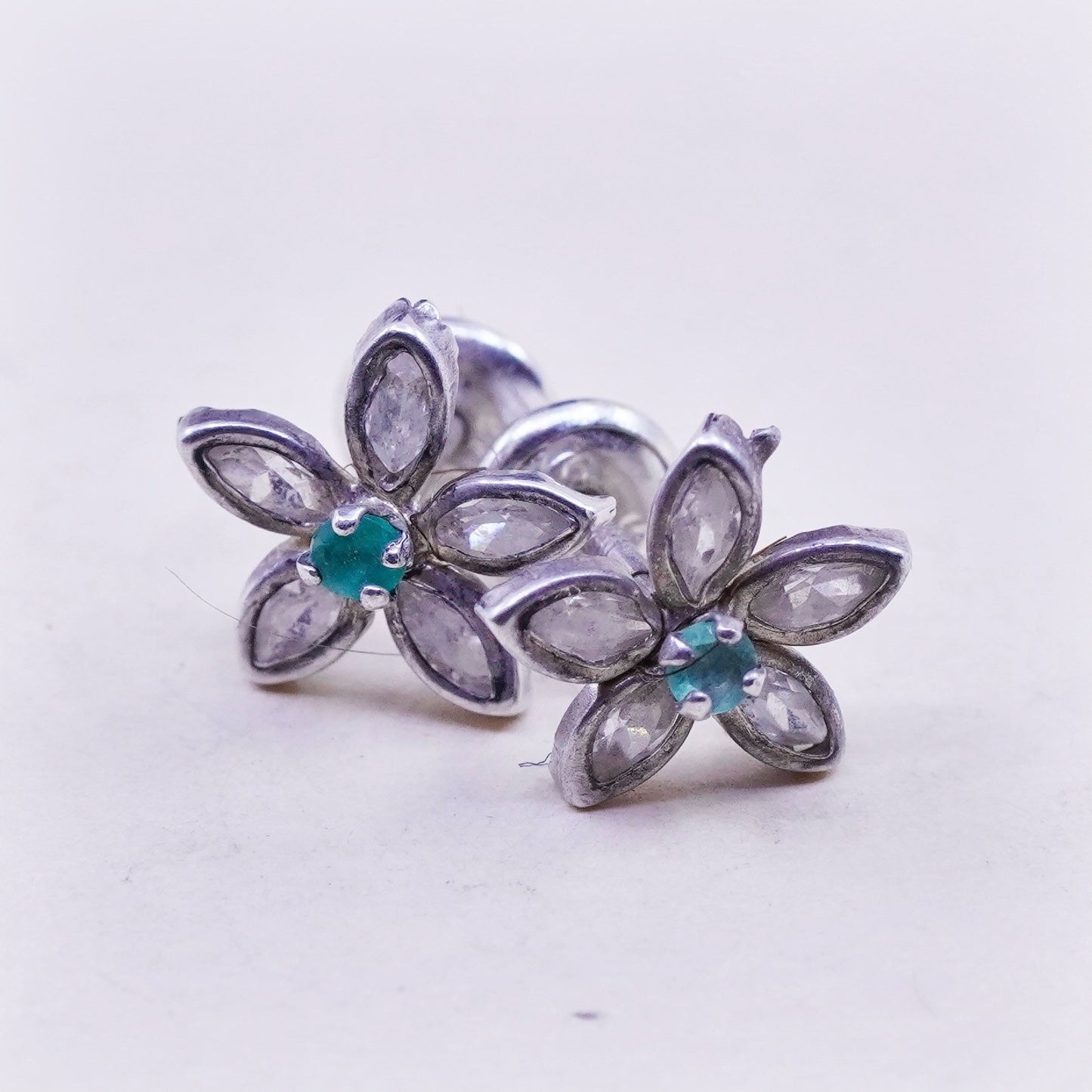 sterling 925 silver flower crystal and emerald studs, minimalist earrings