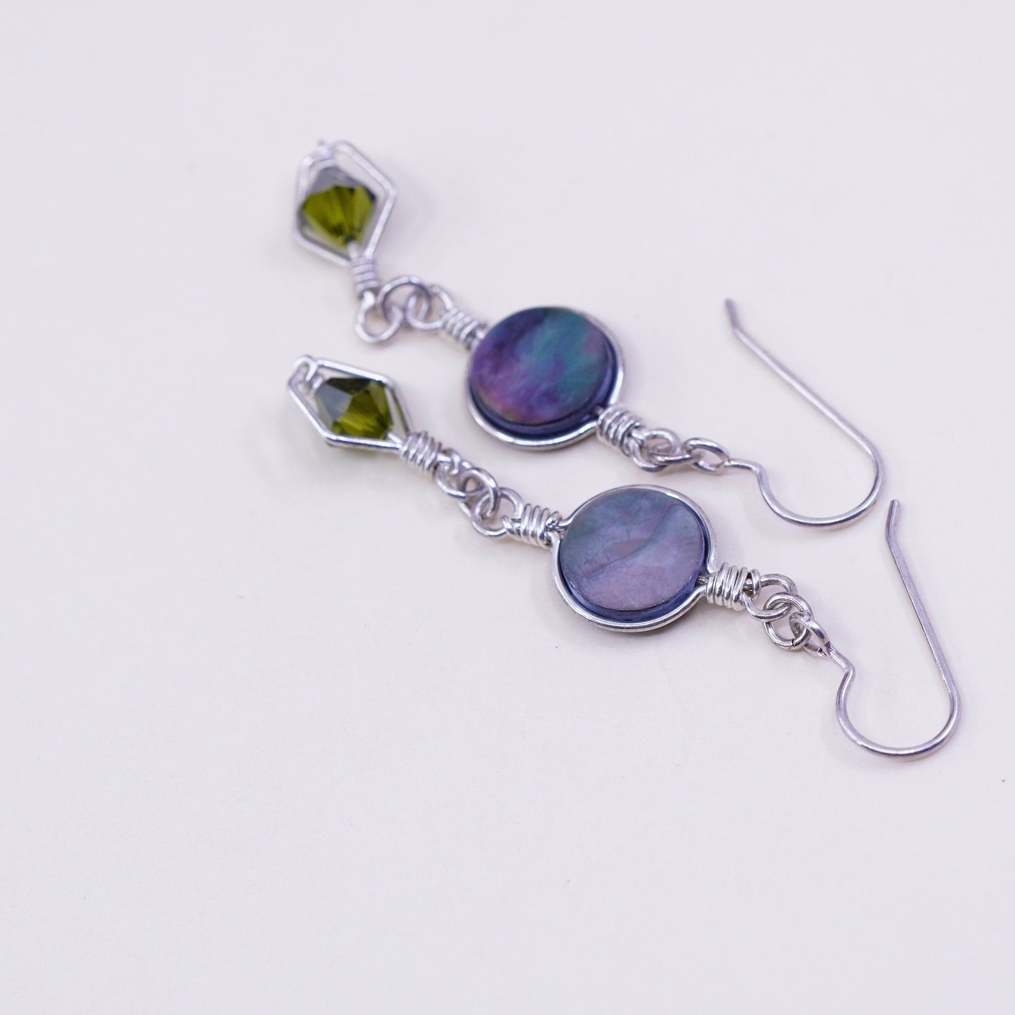 Vintage sterling silver handmade earrings, 925 hooks with circle abalone and peridot, silver tested
