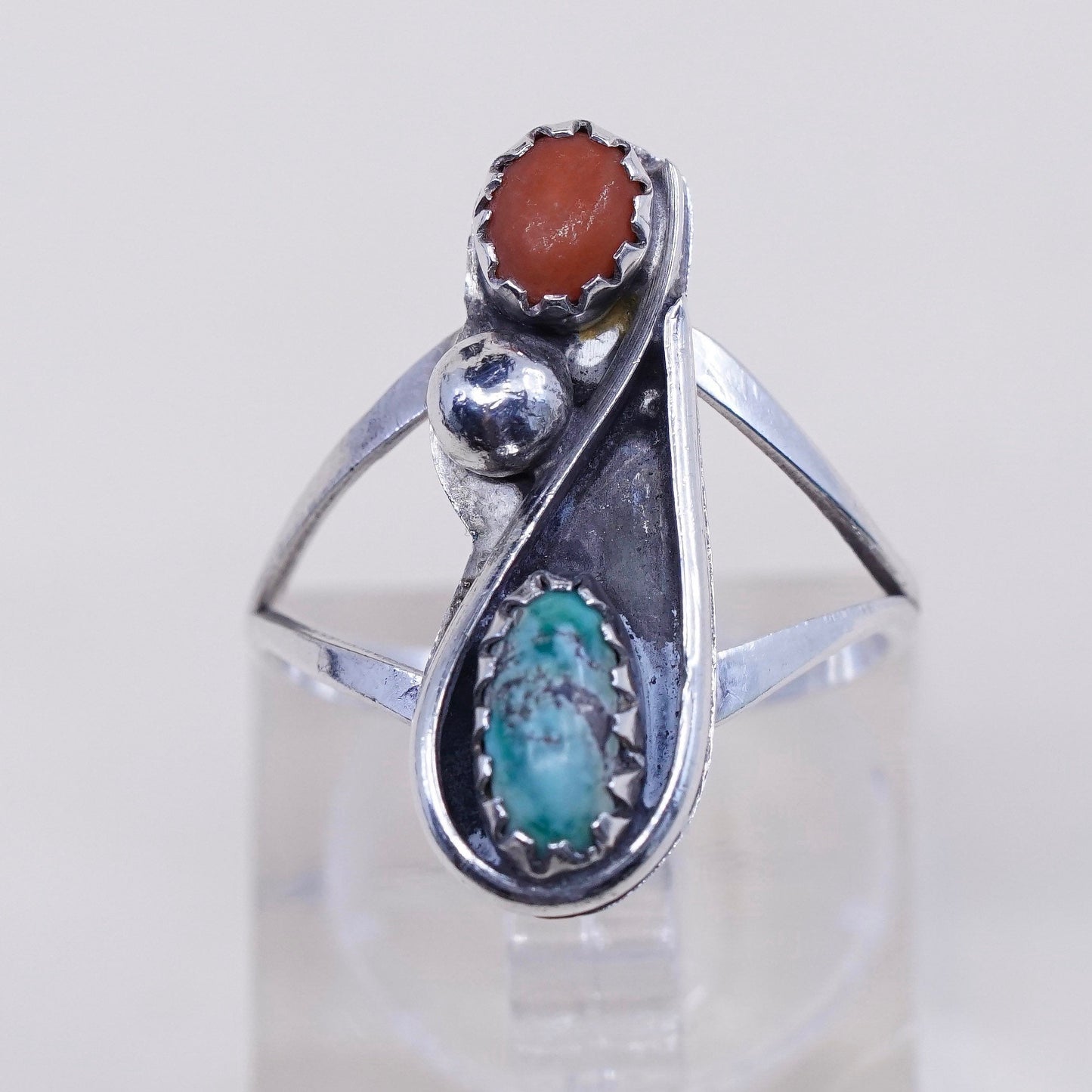 sz 6, vtg sterling 925 silver Native American Navajo ring w/ turquoise, coral
