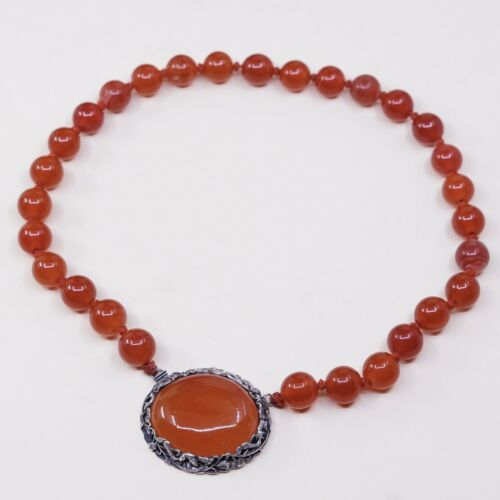 17”, Vtg Sterling Silver 925 Handmade necklace w/ Genuine Carnelian Pendant Bead