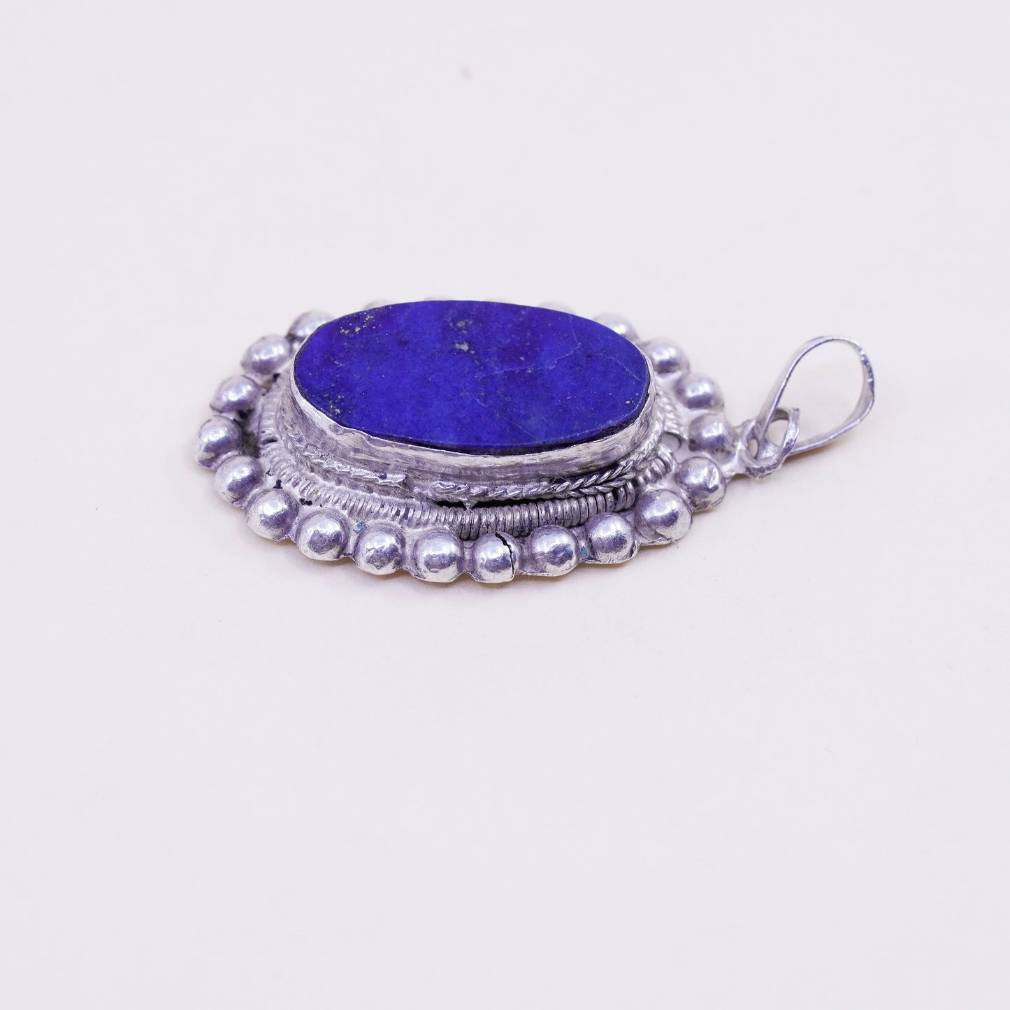 Vintage Sterling 925 silver handmade pendant with oval lapis lazuli and beads