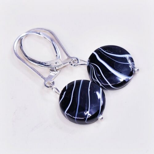 Vtg Sterling Silver handmade Earrings, 925 Silver W/ Black Agate Bead