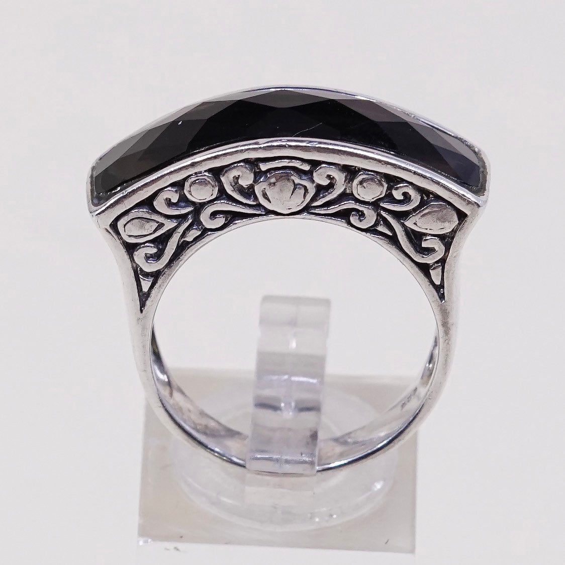 sz 9, vtg sterling 925 silver handmade statement ring w/ checker smoky topaz