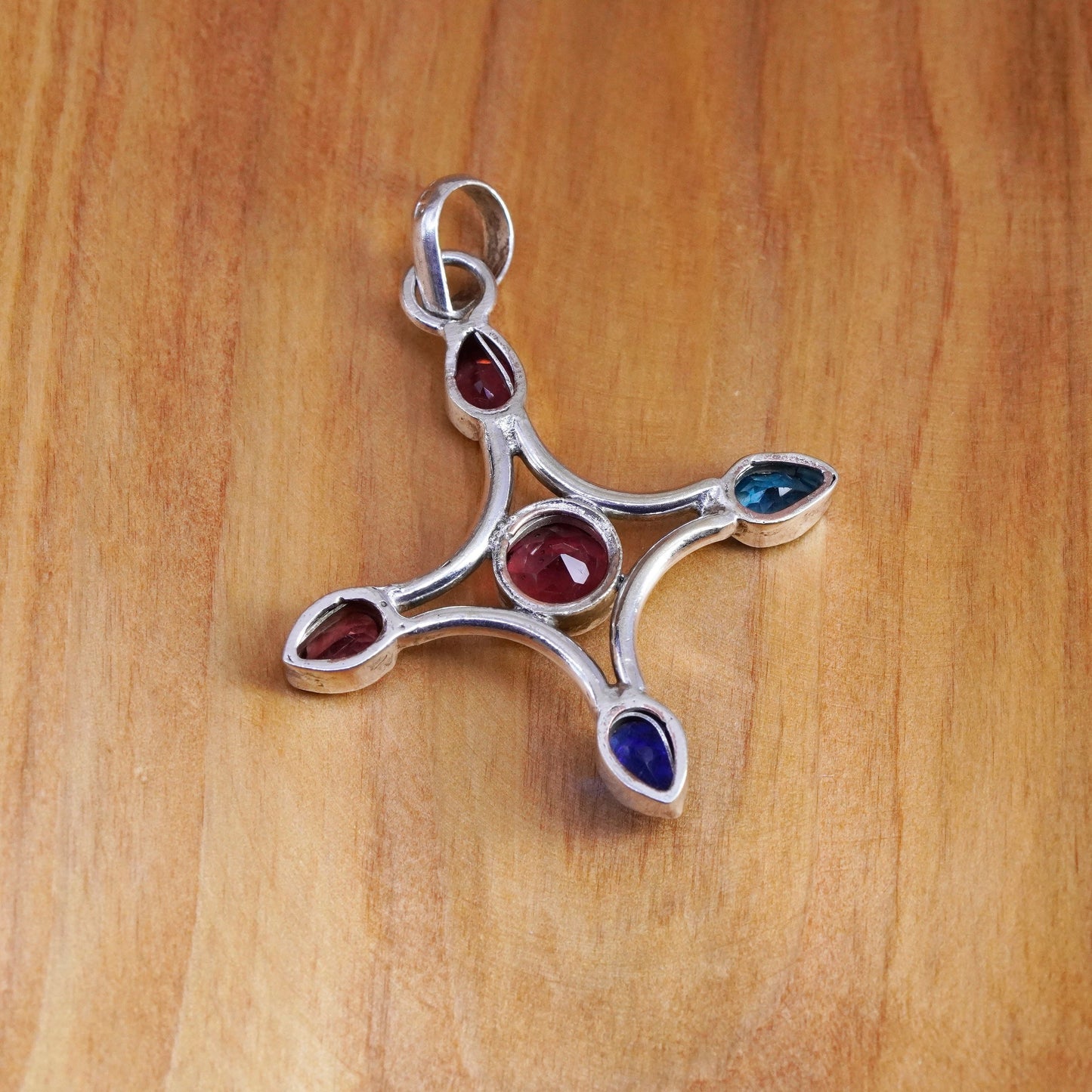 Vintage Sterling silver handmade pendant 925 cross amethyst ruby topaz sapphire