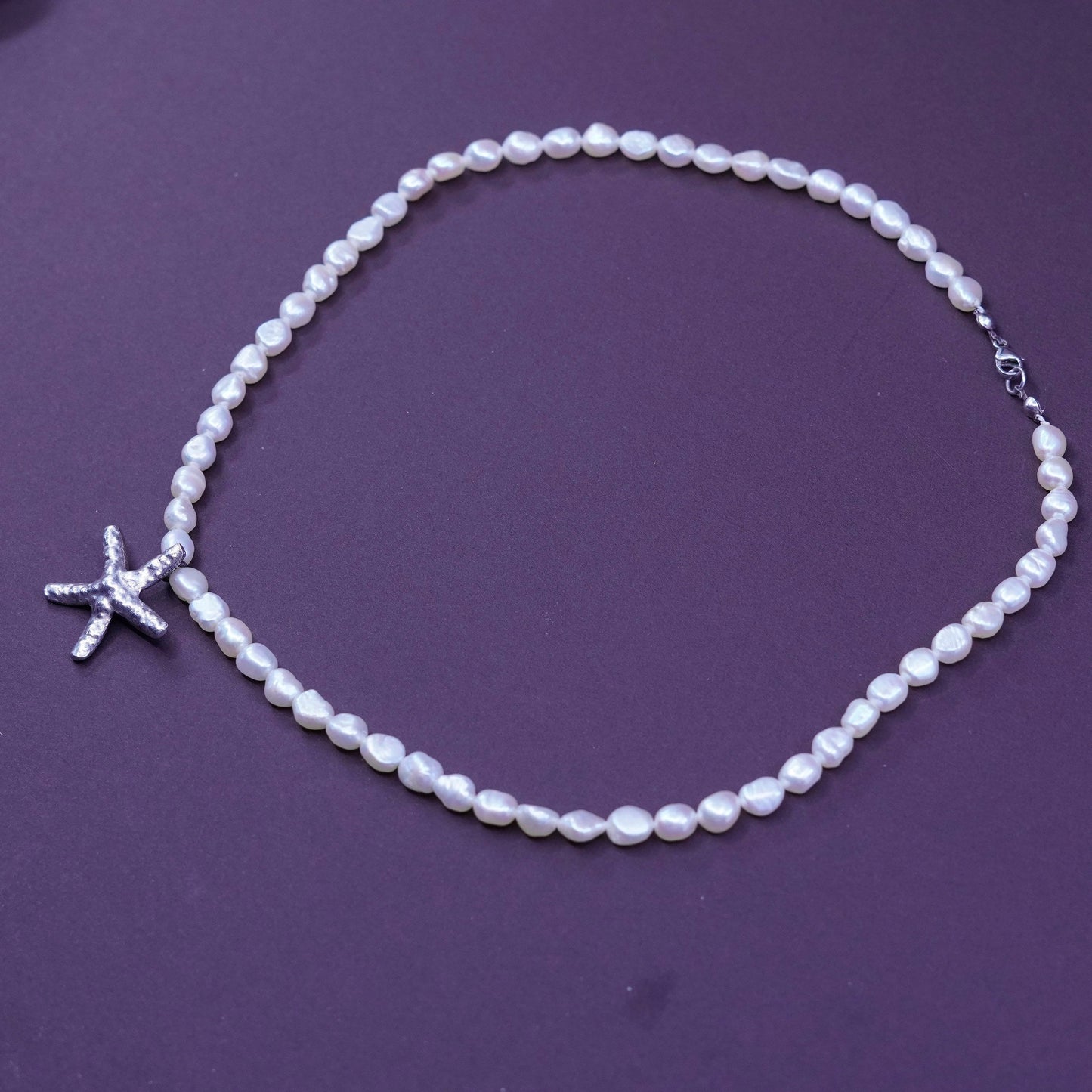 16”, Sterling silver handmade necklace, 925 starfish with 5mm freshwater pearl