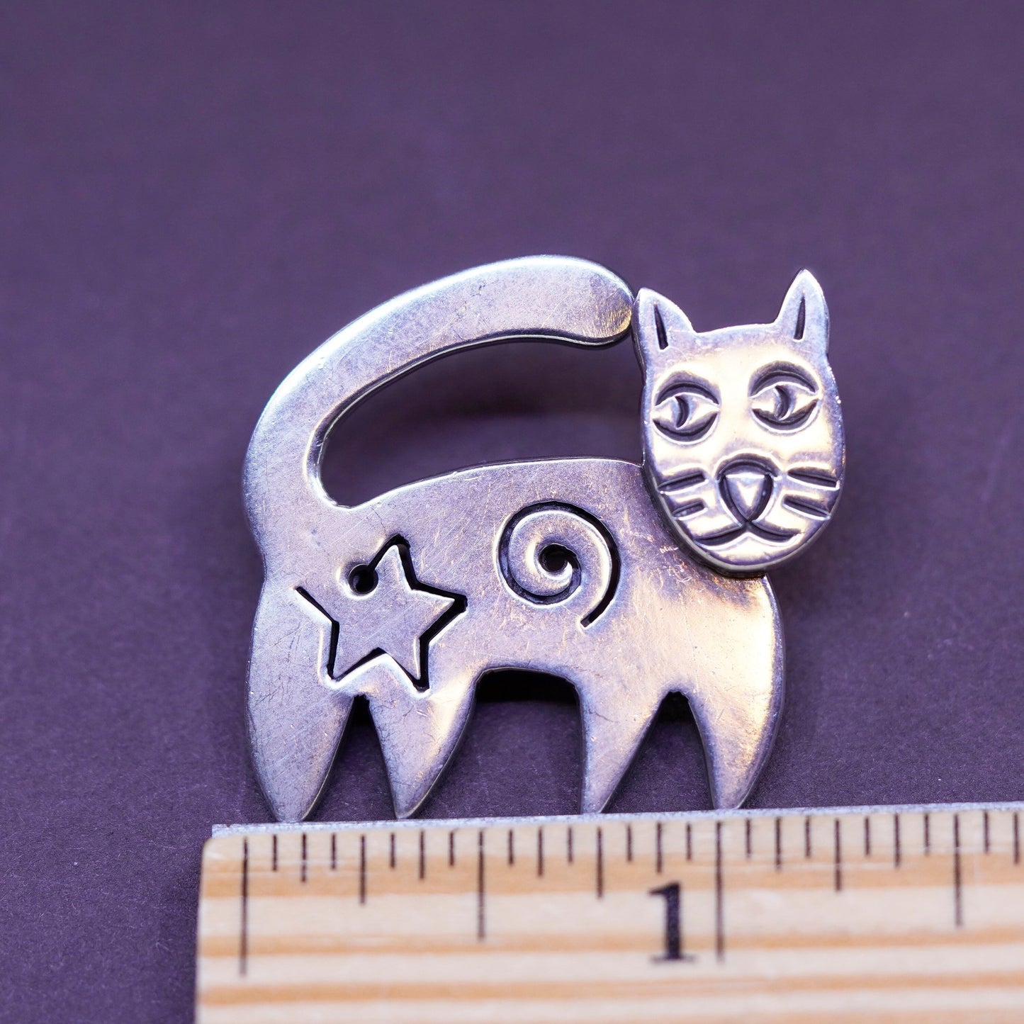 Vintage handmade sterling 925 silver handmade kitty cat brooch w/ star universe