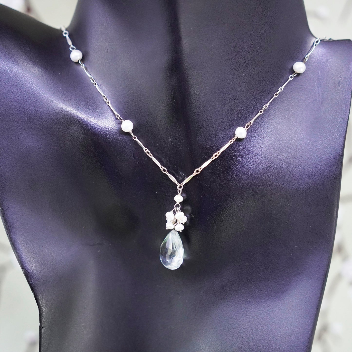 16+2”, sterling silver necklace, flatten bone chain pearl crystal pendant