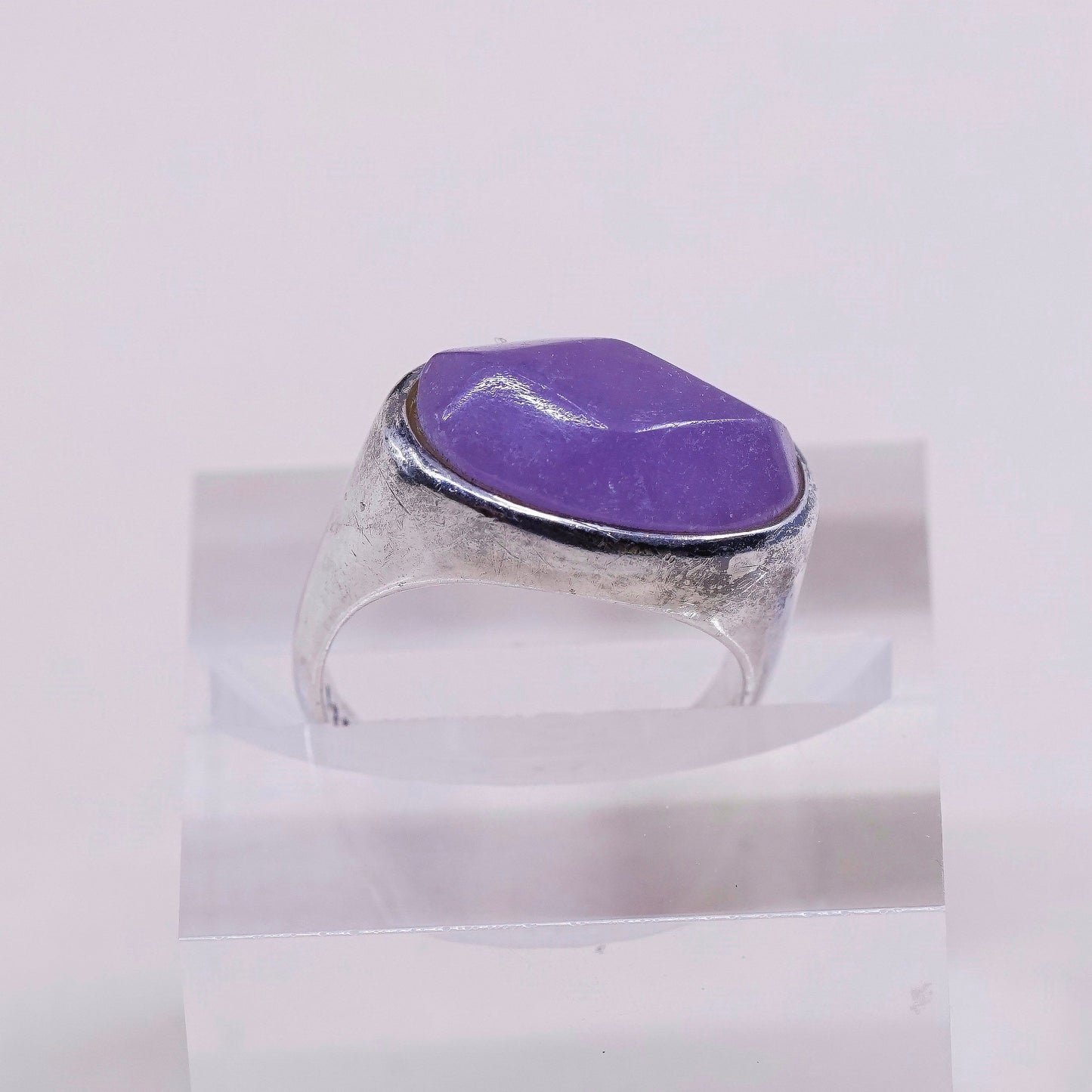 sz 6.75, vtg PB sterling silver handmade ring, with purple jade, stamped 925 PB