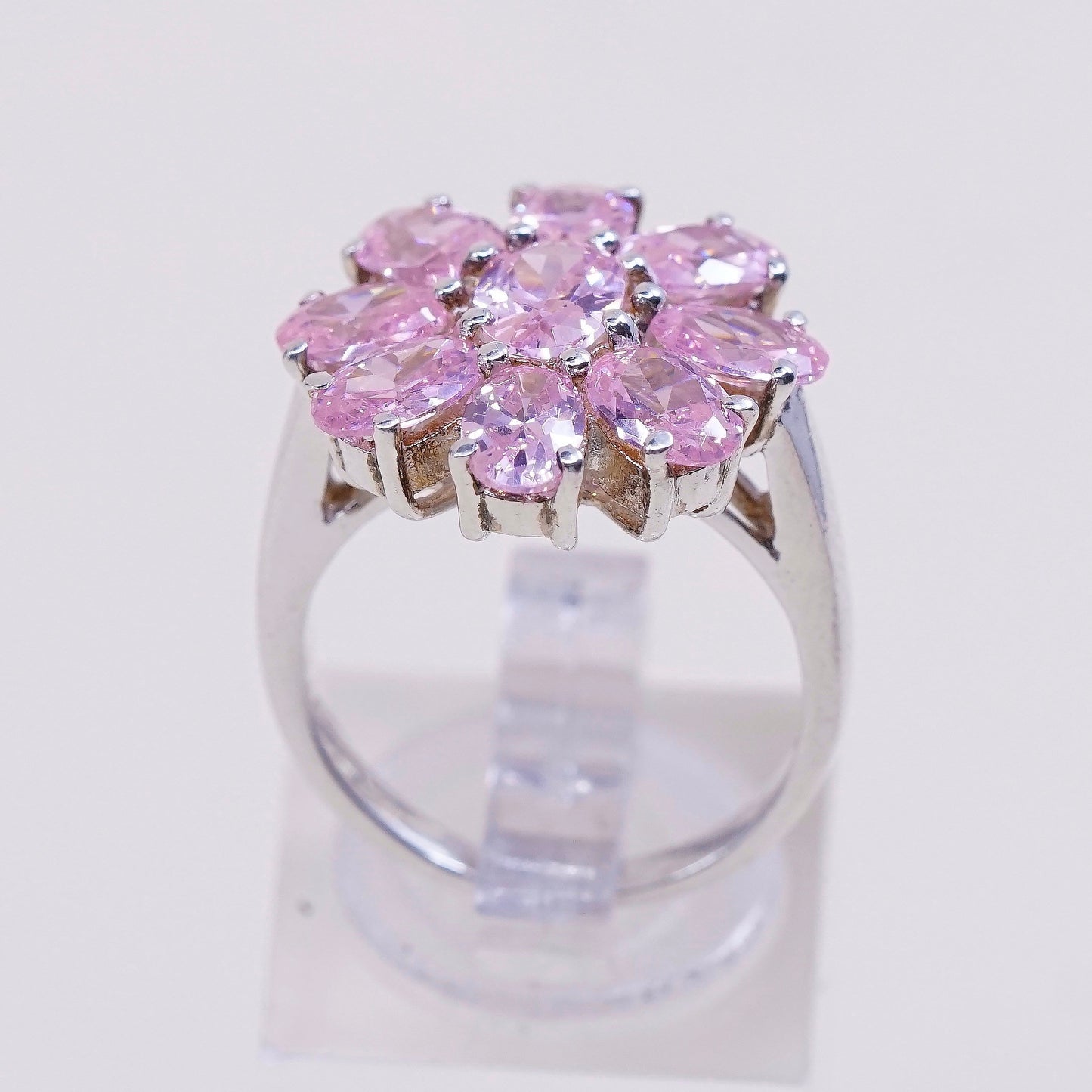 sz 6.5, VTG sterling 925 silver handmade ring with cluster pink crystal flower