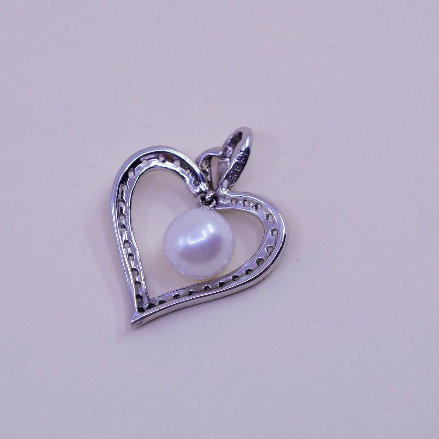 Vintage sterling 925 silver heart pendant with cluster clear Cz and pearl