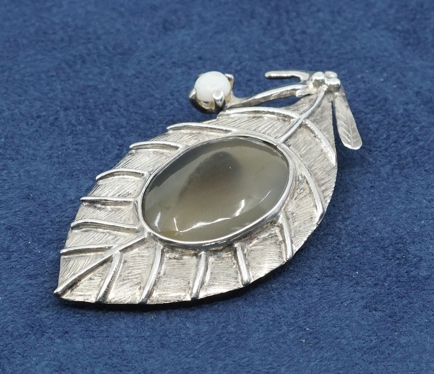 vtg Sterling silver handmade brooch, mexico 925 leaf pendant w/ agate