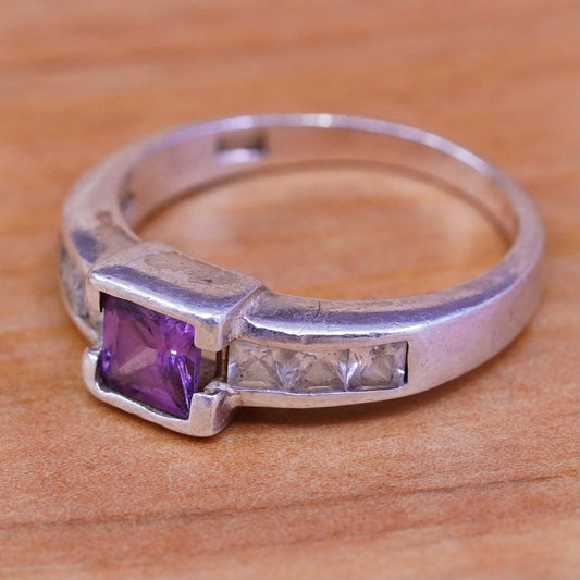 Size 6.75 vintage Sterling 925 silver handmade band ring w/ square amethyst Cz