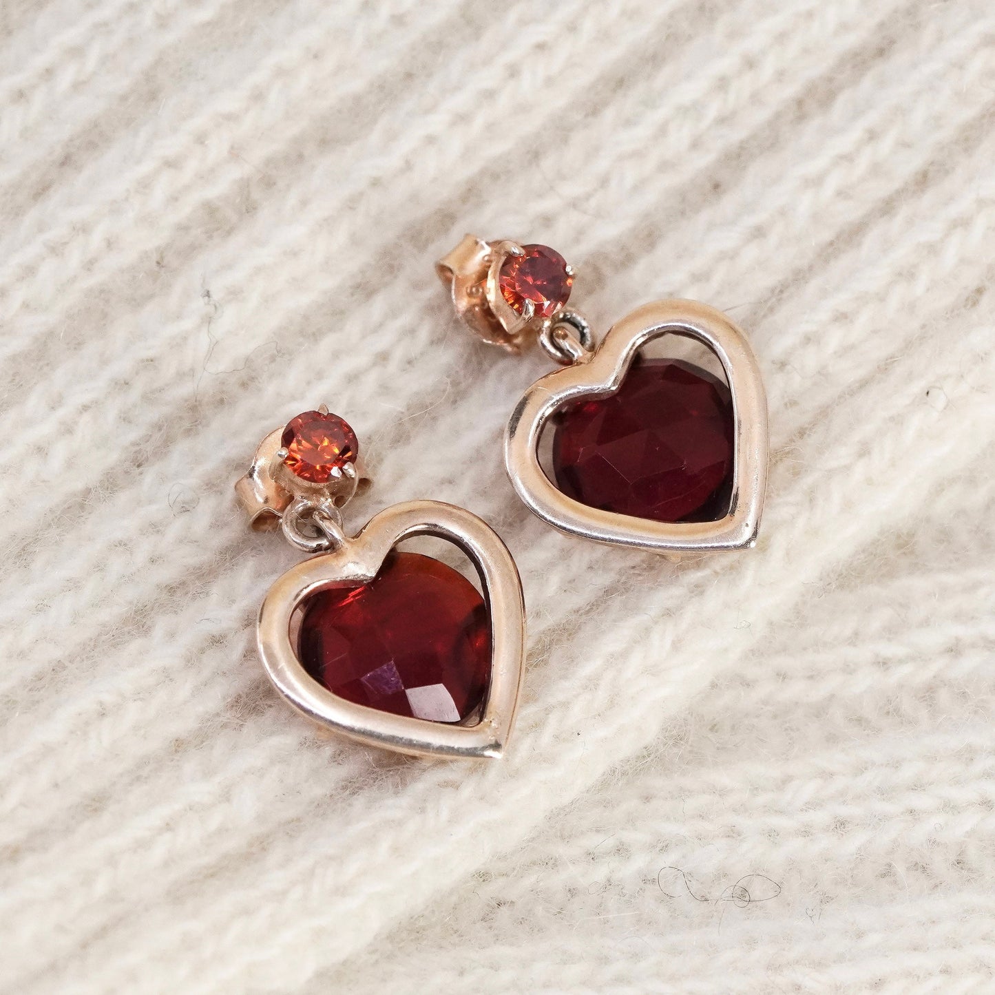 Vintage vermeil rose gold over sterling 925 silver handmade earrings heart ruby
