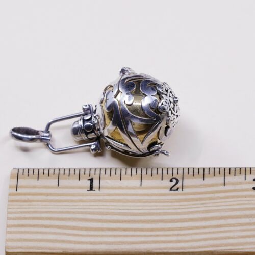 Vtg Two Tone Bali Handmade Sterling 935 Silver Pendant W/ Brass Chime Ball