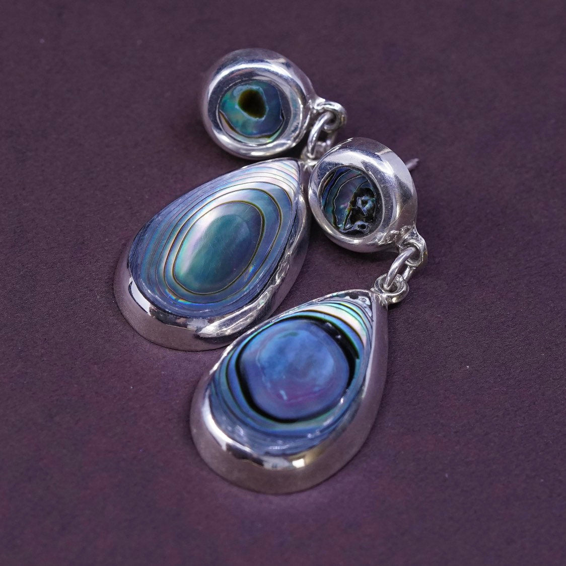 vtg Sterling silver handmade earrings, 925 w/ teardrop abalone n marcasite