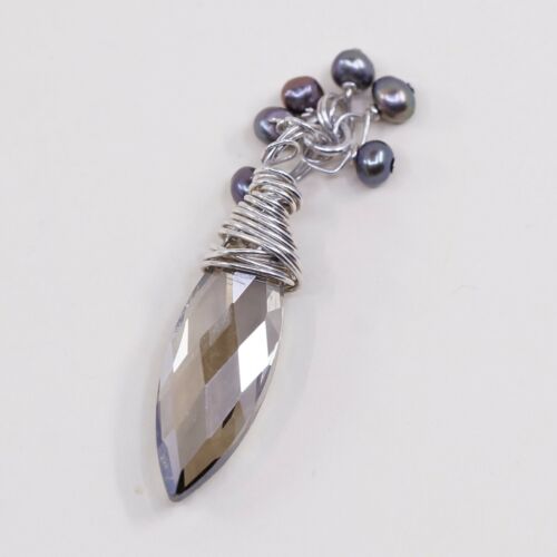 Vtg Sterling silver handmade pendant, 925 W/ Marquise crystal N Tahitian Pearl