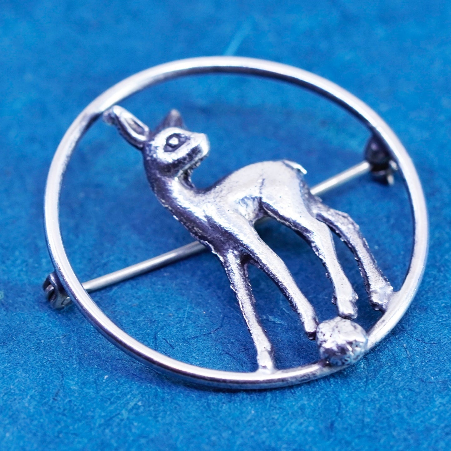 Vintage Sterling silver handmade brooch, 925 circle pin with baby deer