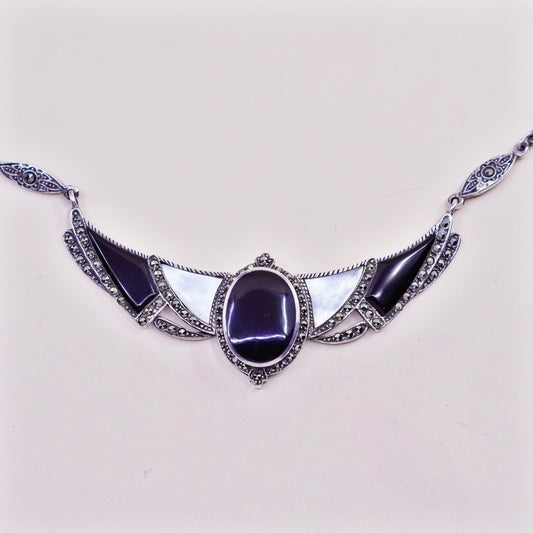 16”, Sterling silver necklace, 925 chain with obsidian MOP pendant marcasite