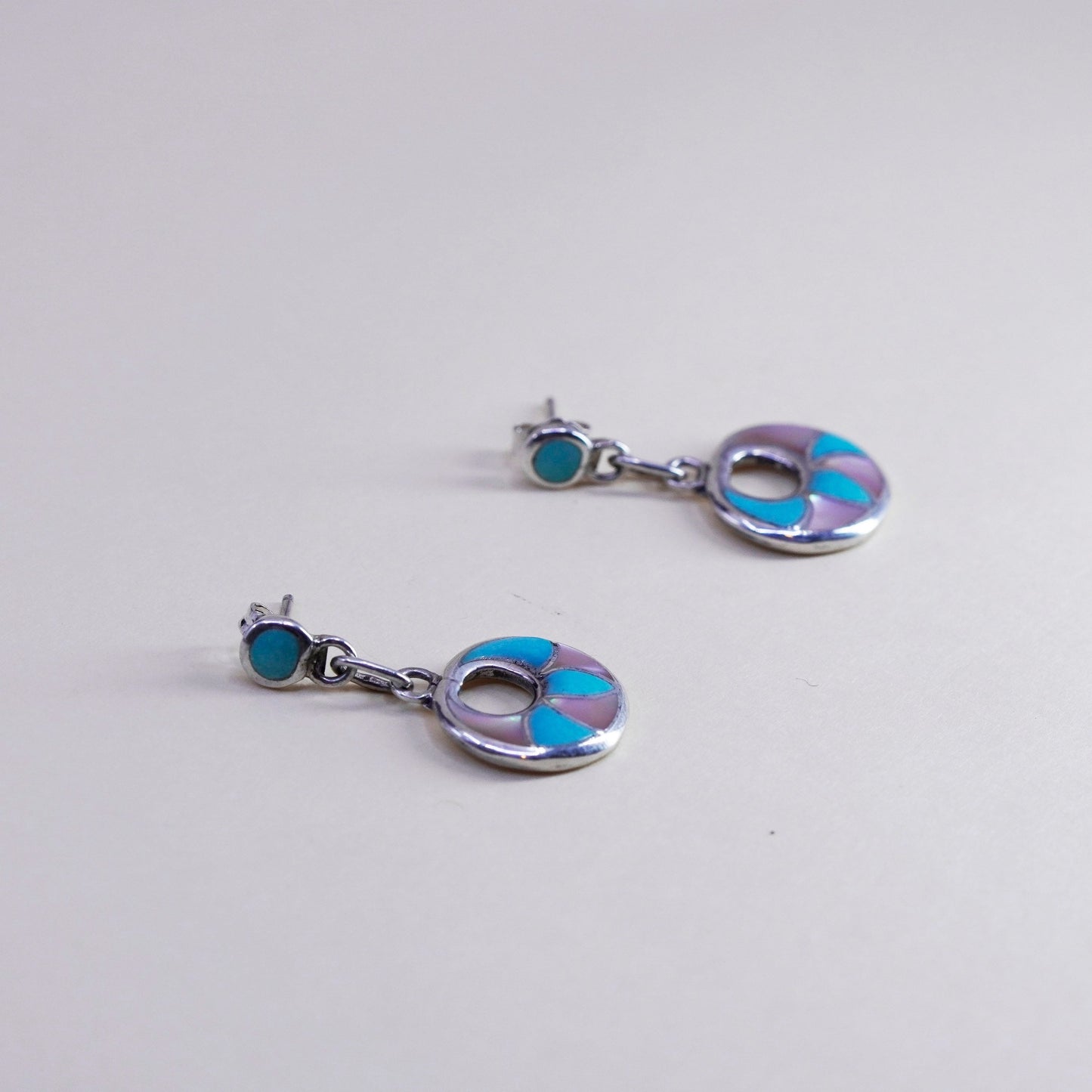 Native American Dennis Nancy Sterling silver circle earrings turquoise MOP