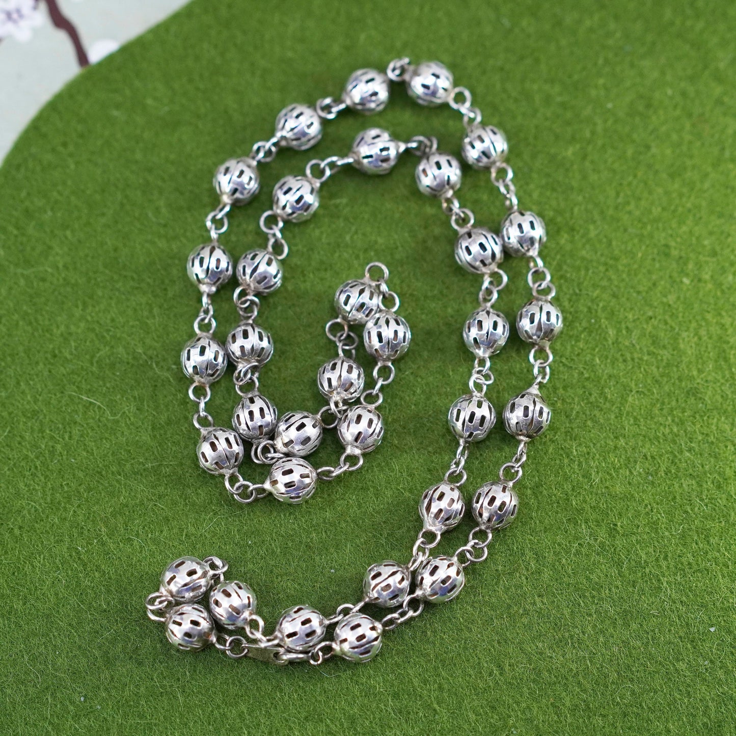 24”, Vintage sterling silver beads chain, 925 necklace with 8mm filigree beads