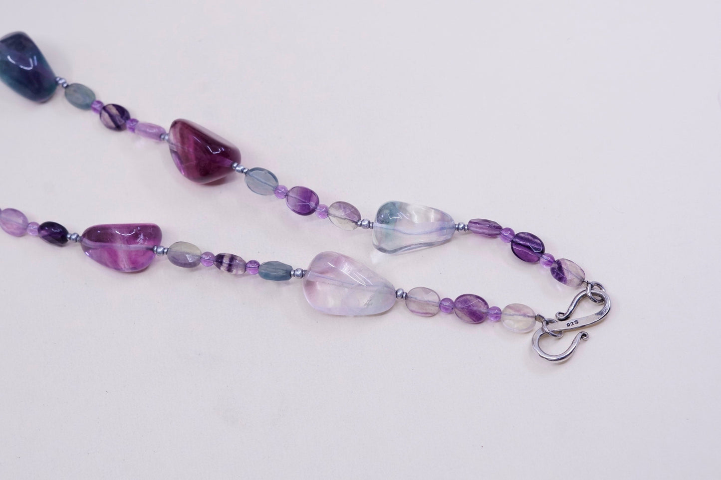 24”, Native American fluorite nugget and sterling 925 silver beads necklace