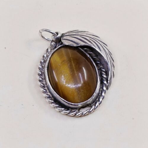 Vtg Sterling Silver handmade Golden tiger eye Pendant, 925 silver Leaf