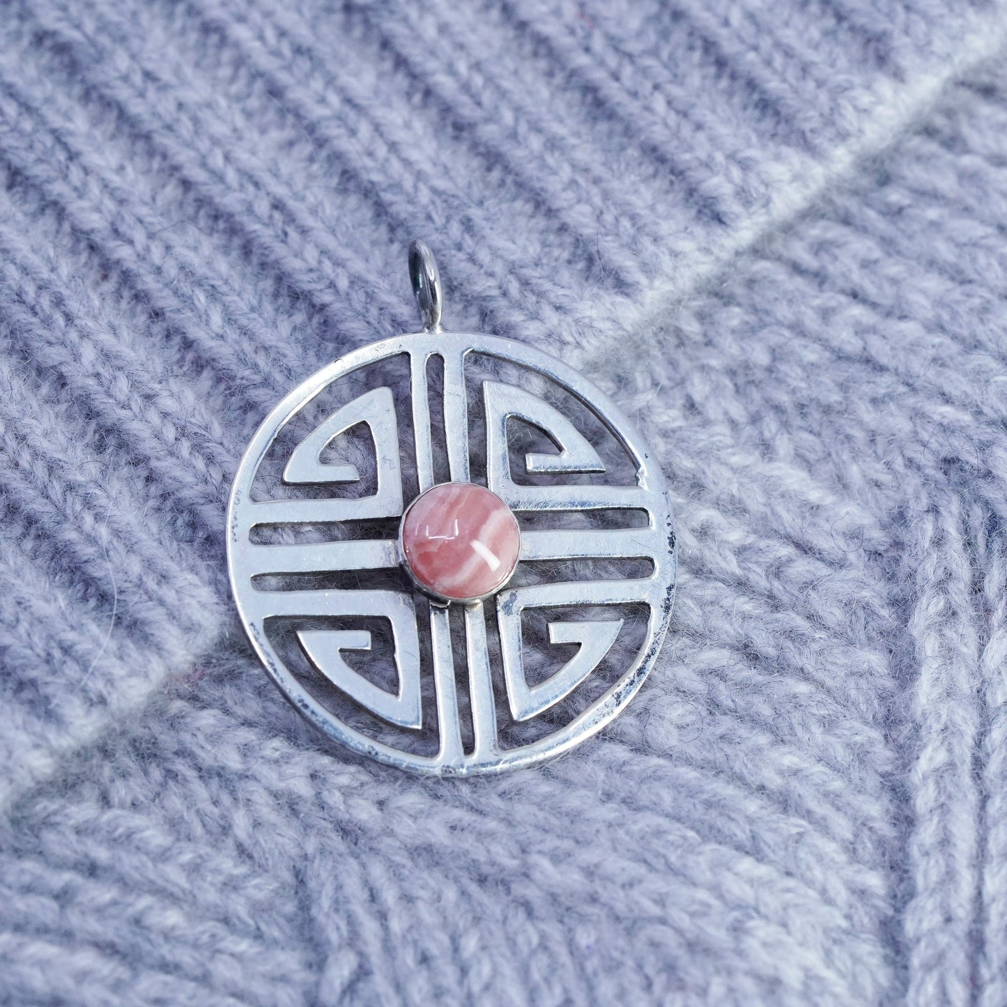 Vintage sterling 925 silver round Greek key pendant with pink Rhodochrosite