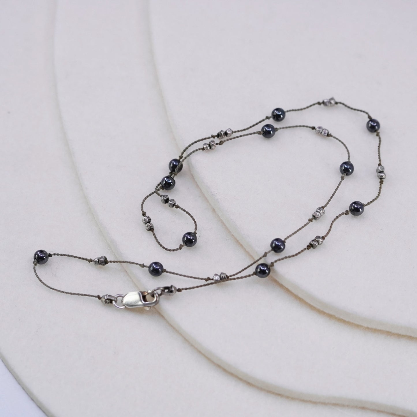 18”, Sterling 925 liquid silver handmade linen necklace with hematite beads