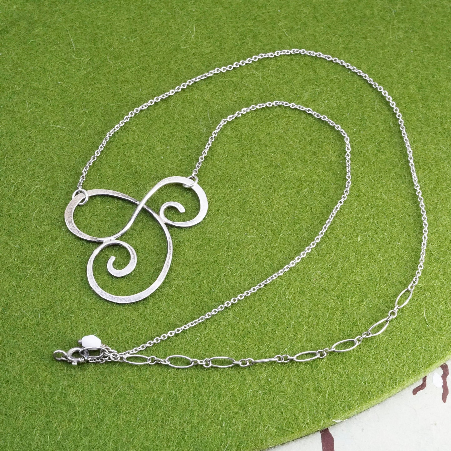 15+4” Sterling 925 silver handmade necklace, circle chain with swirly pendant