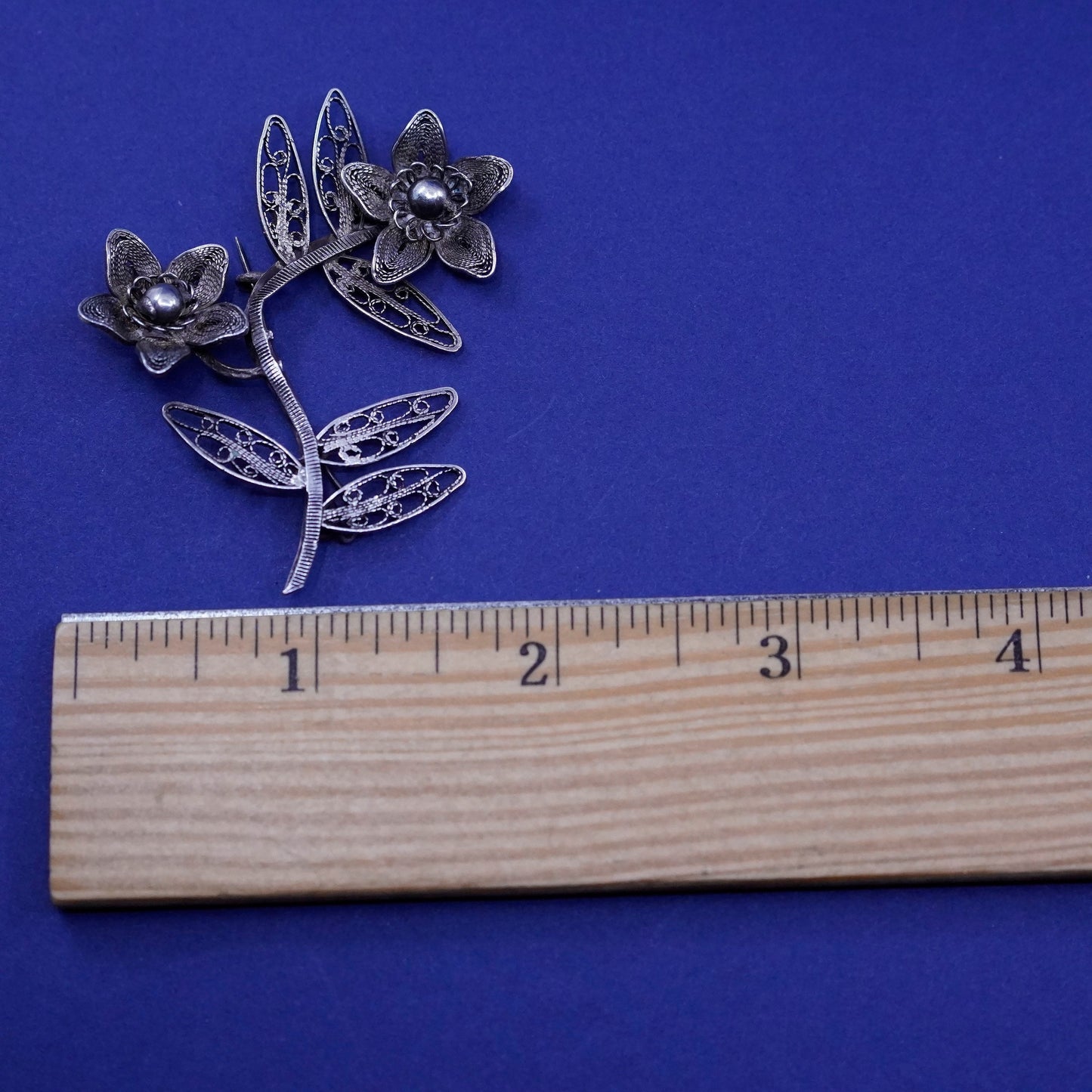 Vintage sterling silver handmade brooch, 925 filigree flower pin