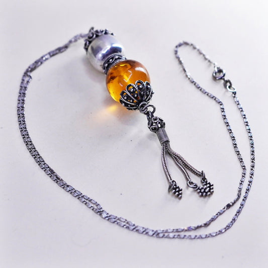 18”, Vintage Sterling 925 silver handmade necklace with amber bead pendant