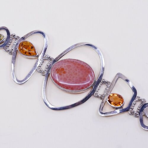 6+2”, Vtg Sajen Sterling Silver Handmade Bracelet, 925 W/ Amber Citrine N Agate